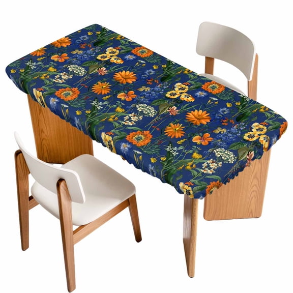 Orange Blue Spring Floral Table Cloths for 6 Foot Rectangle Tables, Vintage Botanical Summer Flower Patio Waterproof Elastic Fitted Tablecloths, Washable Rectangular Table Cover for Camping