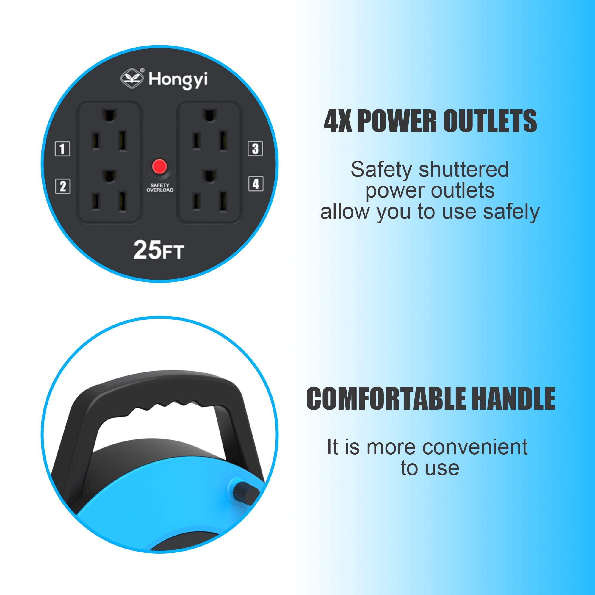 Hongyi Extension Cord Reel with 16AWG x 3C SJT 25ft 4-Outlet,Blue