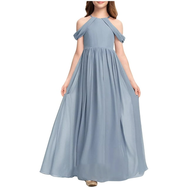 Ashirexll Robes Filles Sans Manches Col Rond Couleur Unie Robe en Tissu Chiffon Longueur Longue Bleu Clair 4-5 Ans
