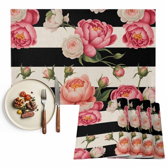 Placemats Set of 6, Pink Peony Rose Place Mats Floral Black Stripes Linen Tablemats Washable Placemat Table Decoration for Kitchen Table Dinner Party Home Decor Indoor Outdoor 13x19 Inch