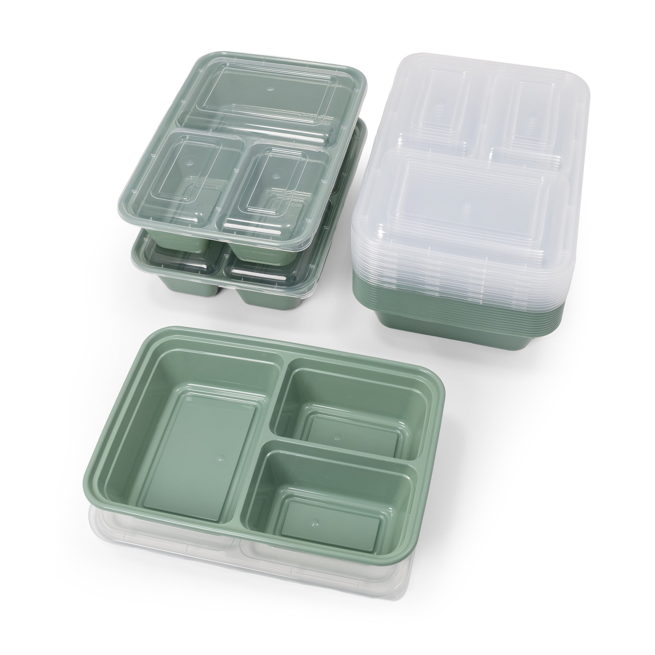 Mainstays 15-Pack 3-Compartment BPA-Free Meal Prep Food Storage Containers, Green Sage