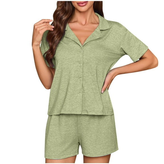 Fengactive Pajamas Set for Women Casual Collared Short Sleeve Shirt Shorts Pajama Sets Soft Comfy Sleepwear 2 Piece Outfits