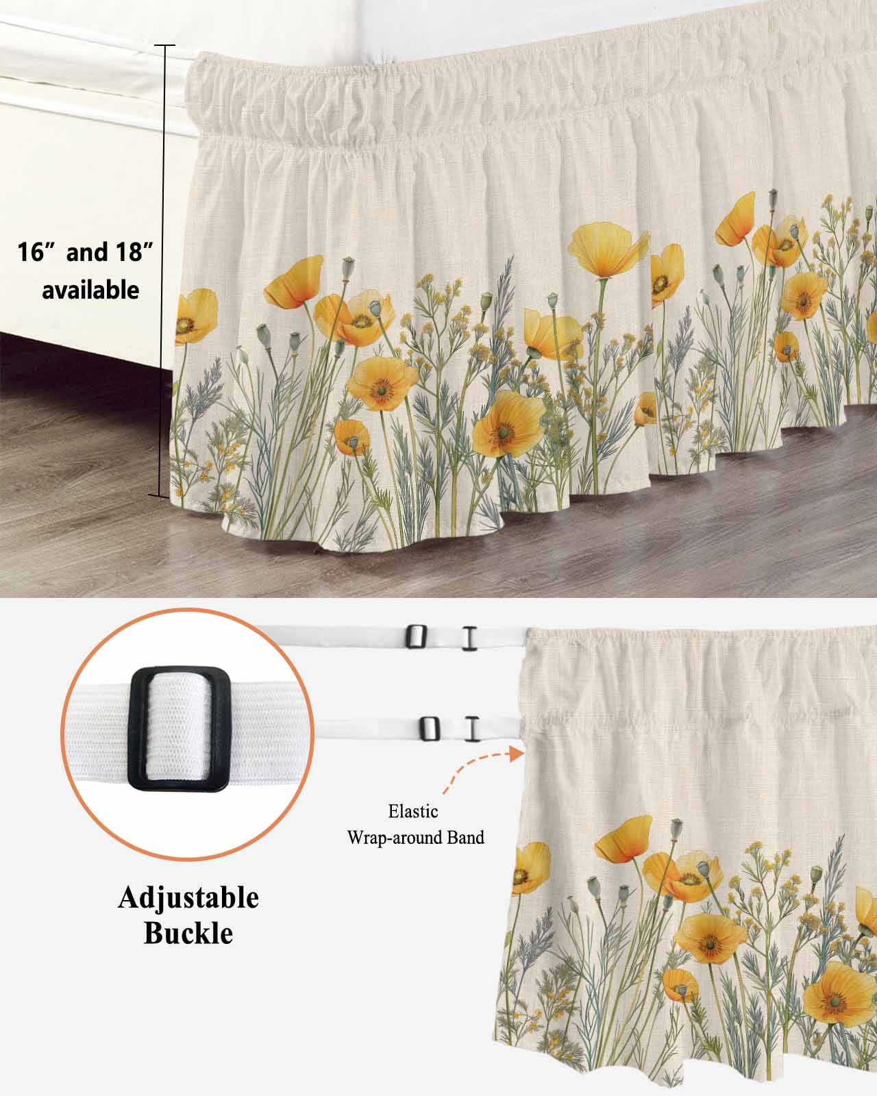 Minimalism Yellow Floral Bed Skirt Queen Size 18" Drop Watercolor Plants Linen Background Ruffled Wrap Around Bed Skirts Adjustable Elastic Bedskirt Dust Ruffle for Queen Size Bed