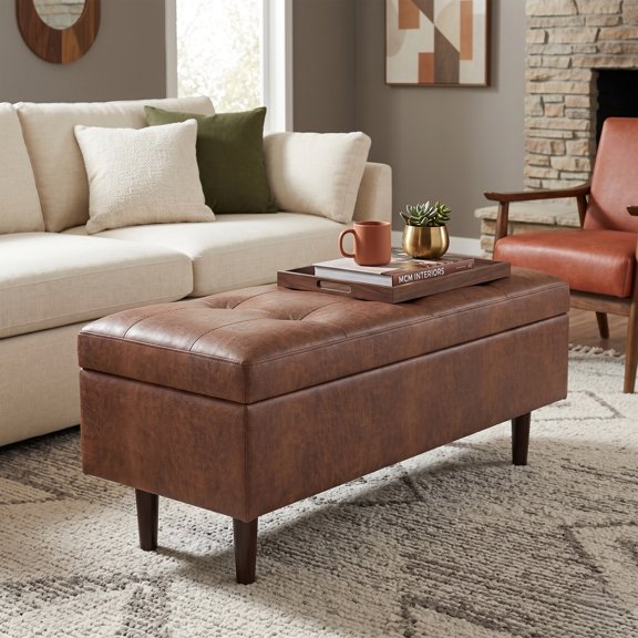 Shay 48 inch W. Modern Storage Ottoman in Distressed Saddle Brown Faux Leather