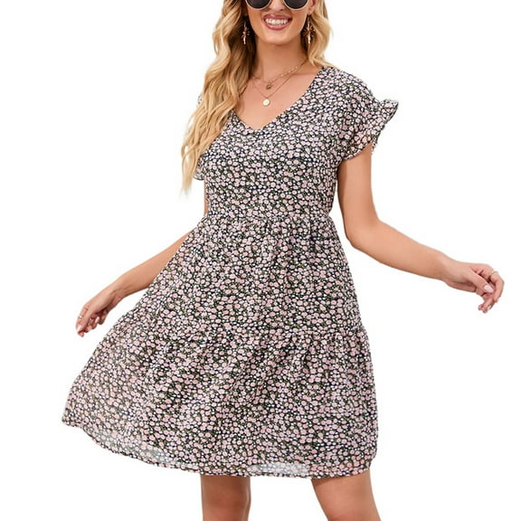 SWSMCLT Women's Short Sleeve Dress Elegant Sundress V Neck Dresses Summer High Waist Holiday Casual Loose Black Large