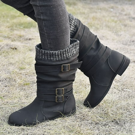 

Womens Leather Flats Round Toe Low-heeled Buckle Strap Western Middle Tube Boots Black 9.5-10