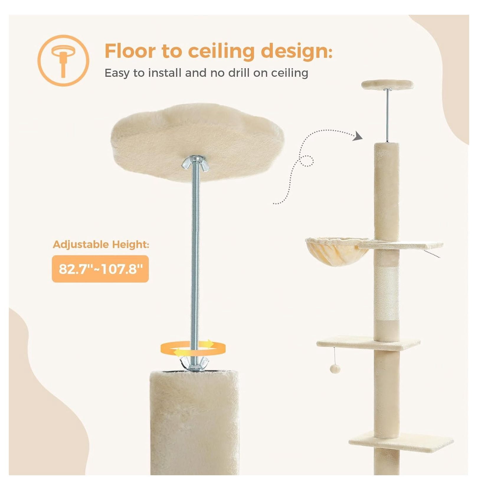 Floor to Ceiling Cat Tree, Tall Cat Tower Adjustable 83''-108'' 5 Level Indoor Cat Climbing Tree with Condo & Hammock, Scratching Post, Beige