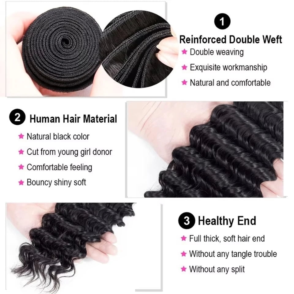 3Bundles Deep Wave Bundles Human Hair 100% Brazilian Virgin Real Human Hair Extensions for Women 3Bundles 300g enough to full with head