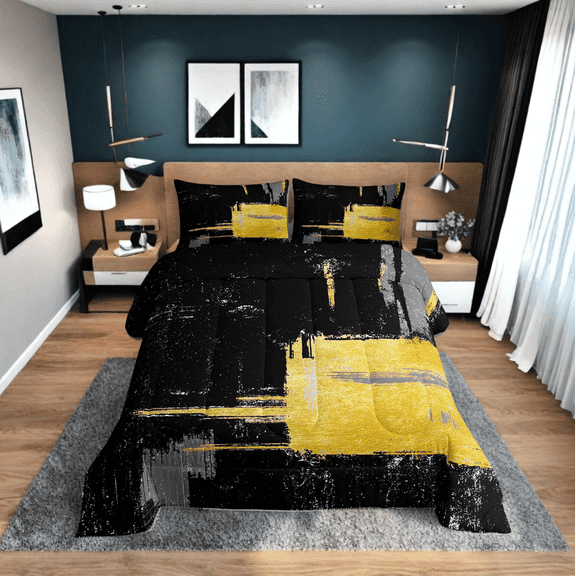 Erosebridal Modern Minimalst Comforter Sets Twin Size, Black Gold Comforters & Duvets, Geometry Stripes Decor, Reversible