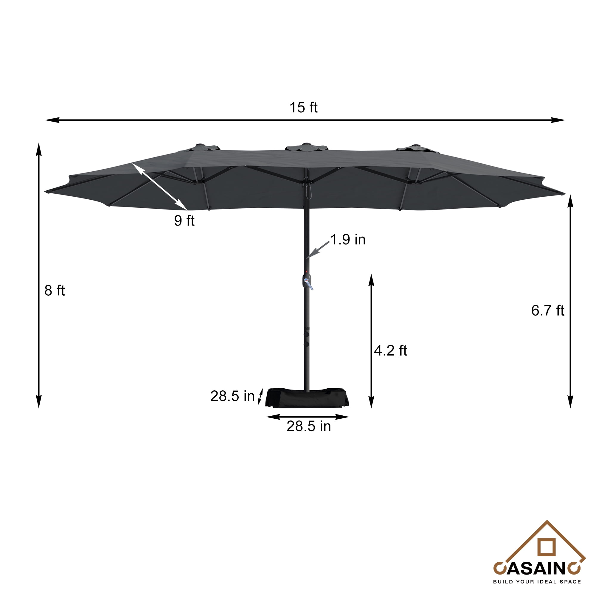 CASAINC 15 ft. Market Patio Umbrella Double-Sided Twin Large Patio Umbrella with Base in Dark Gray