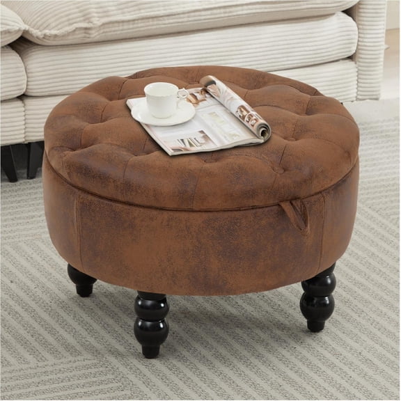 30 Inch Round Ottoman with Storage, Tufted Storage  for Bedroom, Living Room & Entryway, Modern Upholstered Coffee Table with Wooden Black Legs, Light Brown