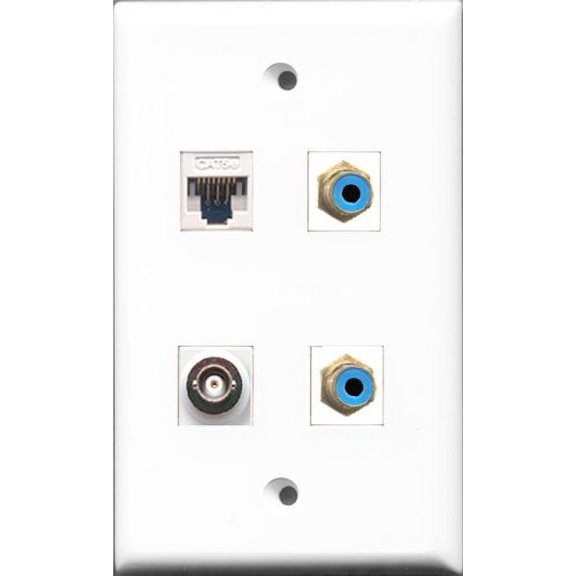 RiteAV - 2 Port RCA Blue and 1 Port BNC and 1 Port Cat5e Ethernet White Wall Plate