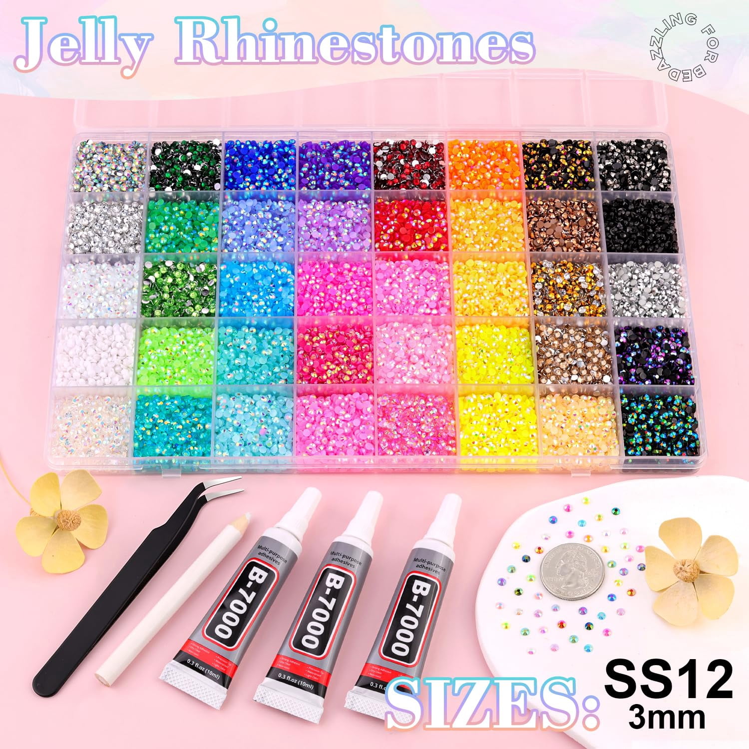 Complete Bedazzling Kit with B7000 Glue: 40000Pcs 40 Colors 3mm Jelly Flatback Rhinestones Set with Tools, Resin Gems Bedazzler Craft Kit for Crocs Tumblers Shoes
