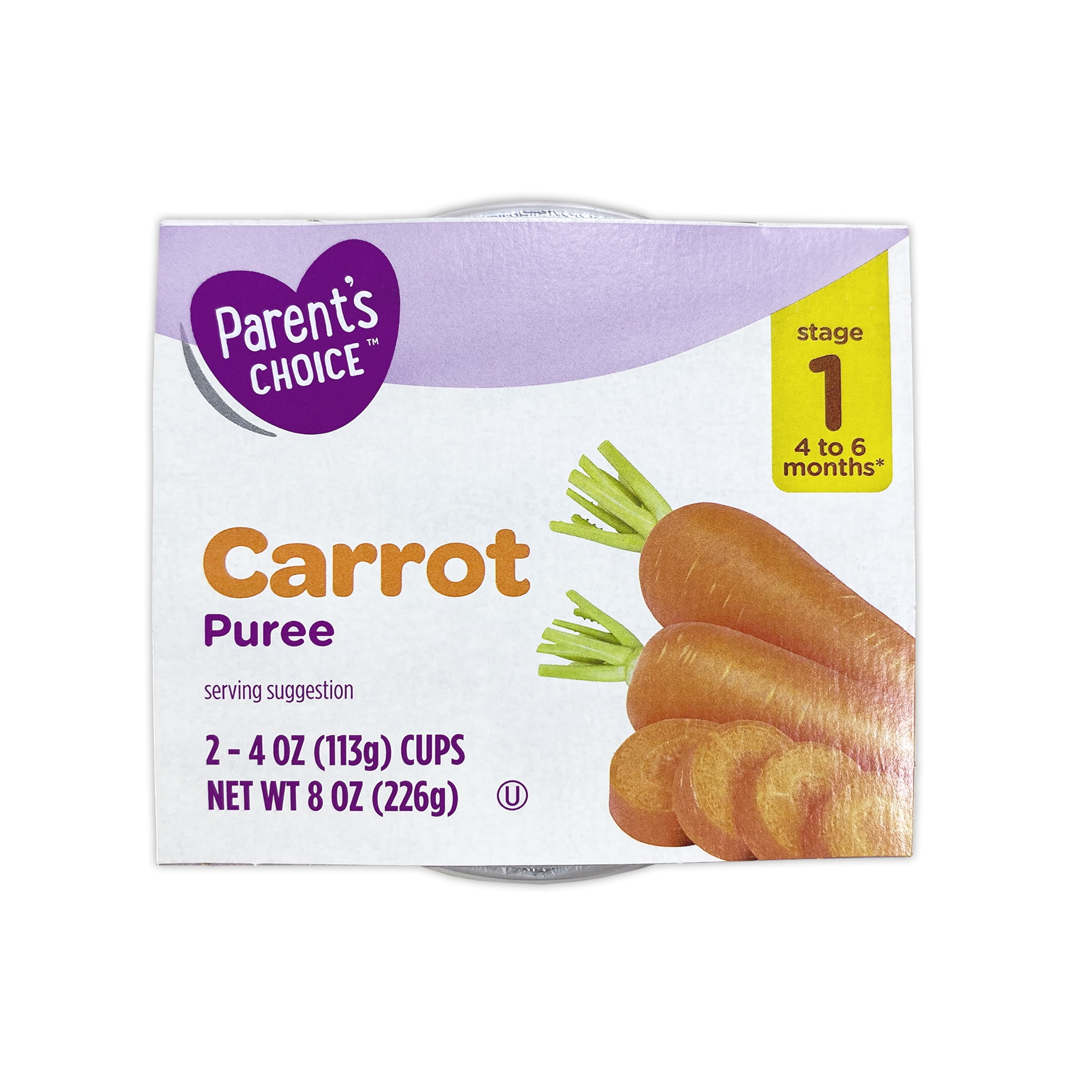 Parent's Choice Stage 1 Baby Food Carrot Puree, 4 oz Cups, 2 Pack