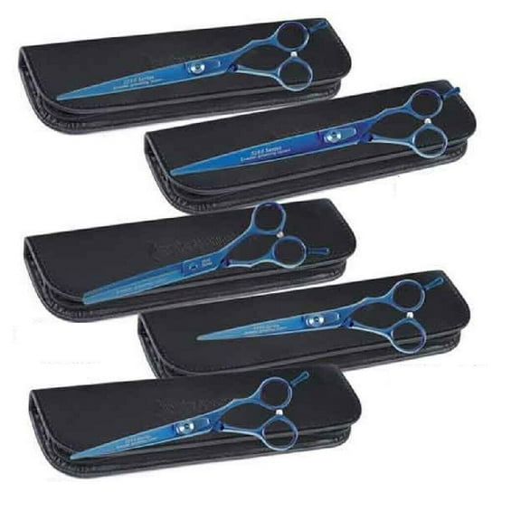 Grooming Shears Left Hand Blue Titanium Sharp High Performance Remarkable Value (5 Piece Shear Kit)