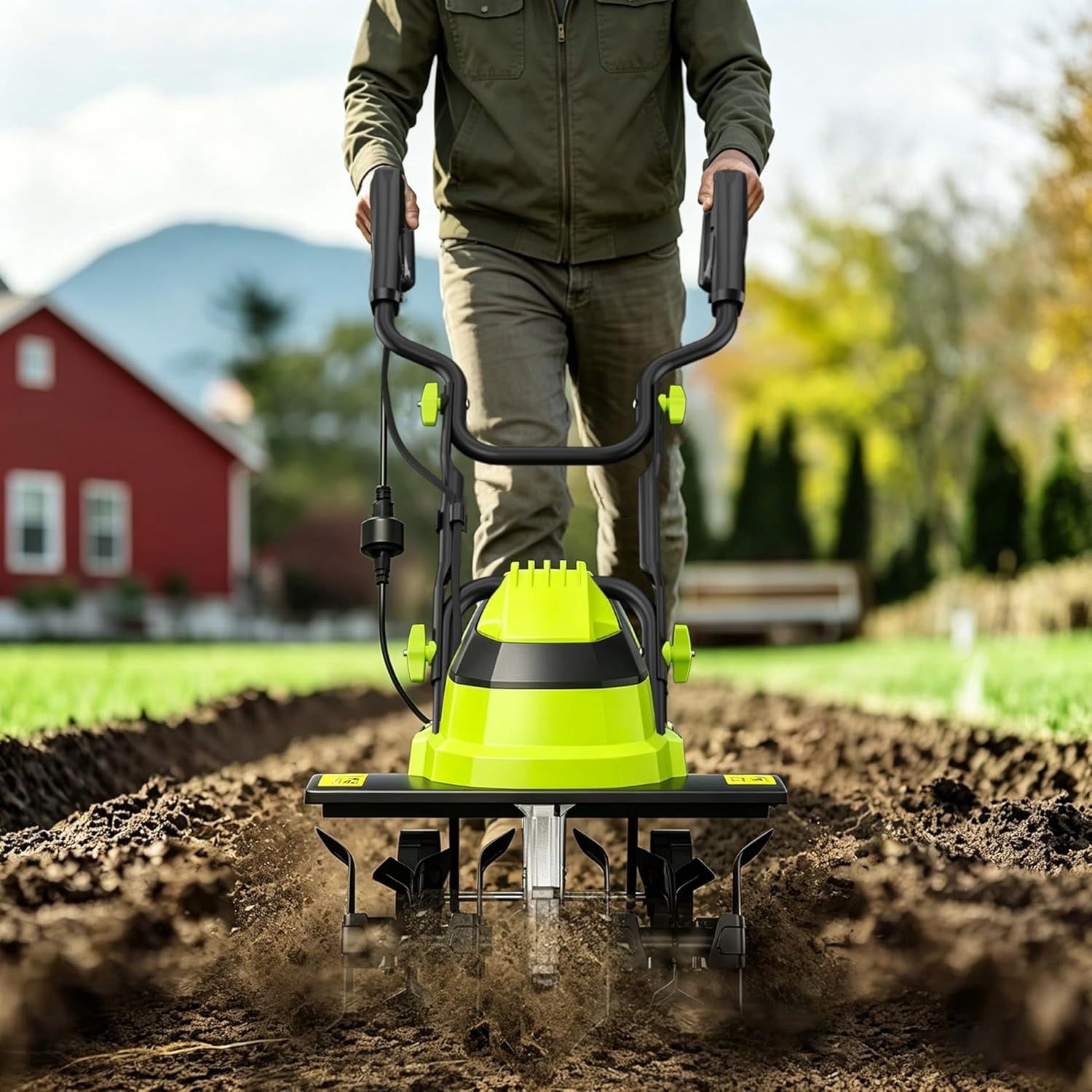 Datingday Corded Electric Garden Tiller 18 Inch Tilling Width 120V 13.5 Amp Soil Cultivator with Adjustable Wheels for Gardening Soil