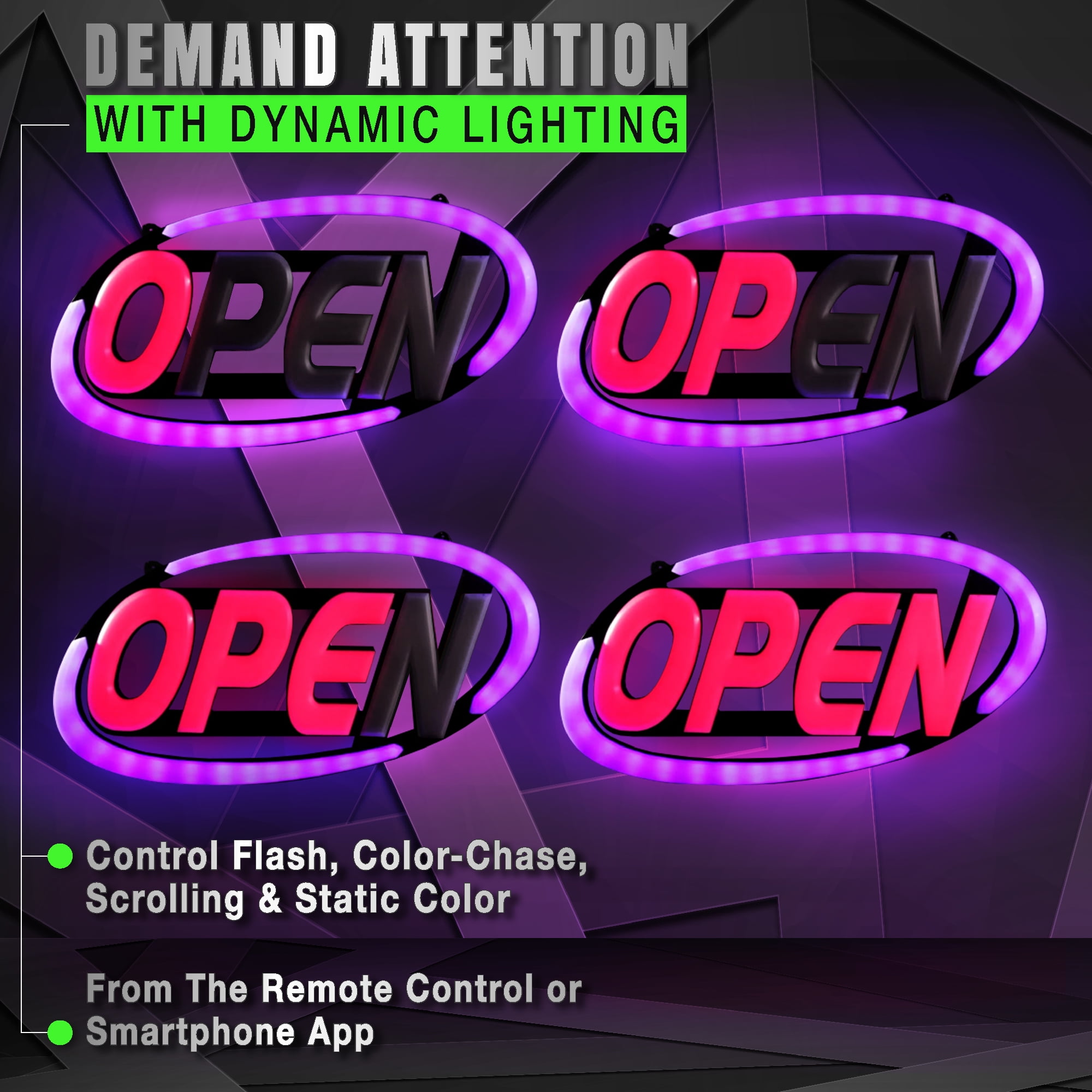 Stand Out with 64 Super-Bright Color Combos to Match Your Brand or Scroll Programmable Neon Flash 8 x 19 inch Led Open Sign for Business 