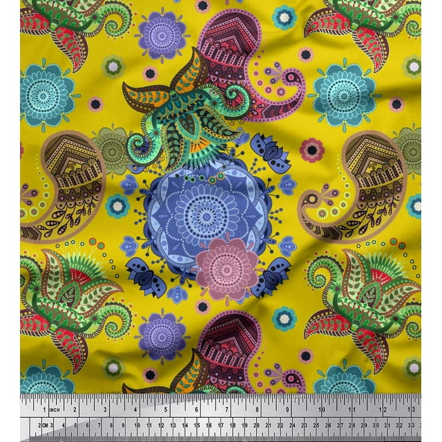Soimoi polyester Crepe Fabric Mandala & Paisley Ethnic Decor Fabric Printed Yard 52 Inch Wide