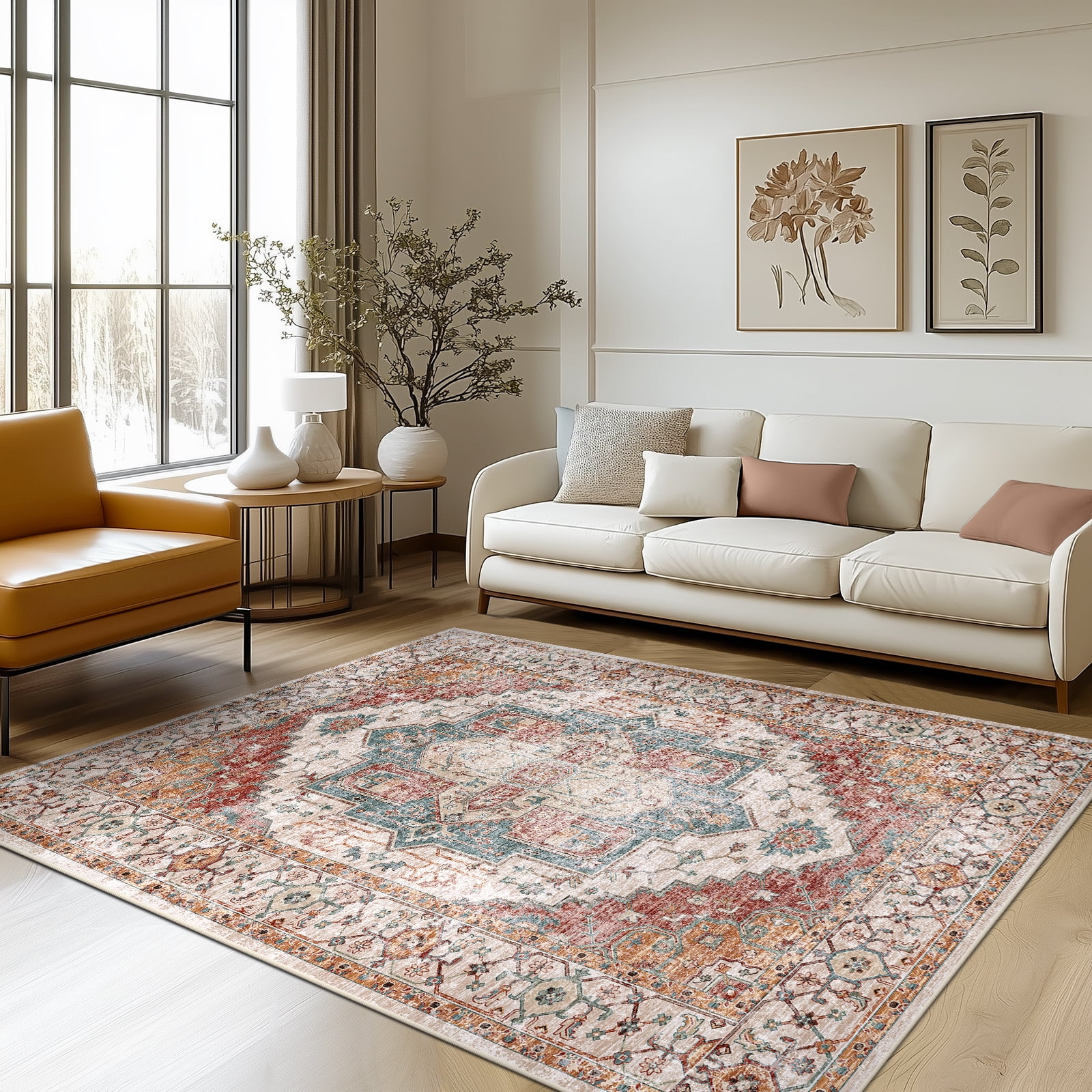 5'x7' Washable Area Rugs for Living Room,Traditional Vintage Thin Rugs,Non-Slip Persian Carpet,Orange-Brown