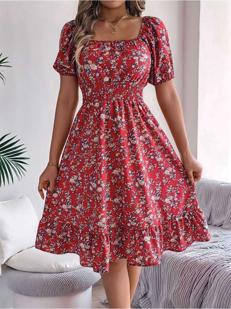 off shoulder floral dress knee length Women Off Shoulder Dress Floral Puff Sleeve Knee-Length A-Line Square-Neck  Dresses Red L (Summer Dresses for Women 2061)