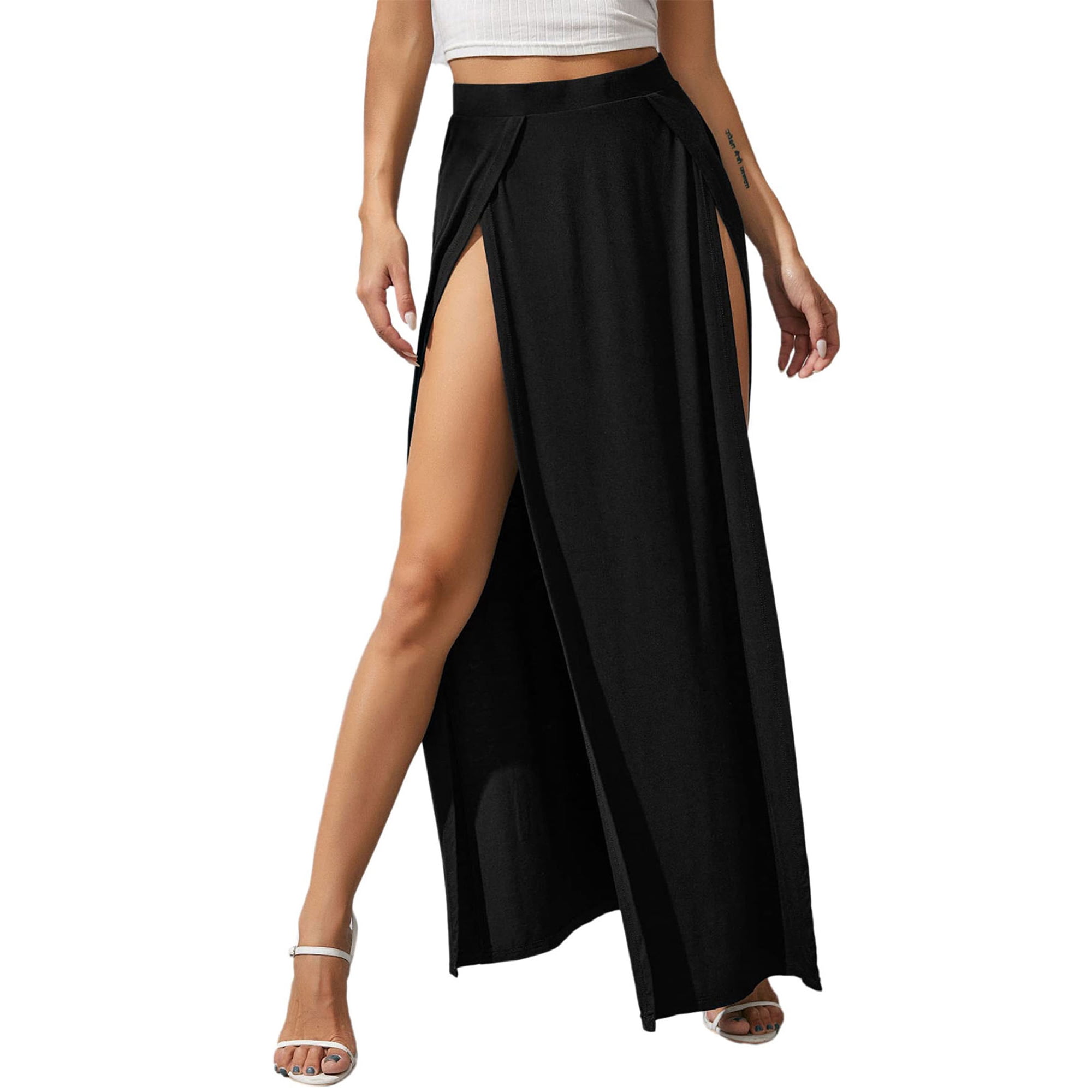 Boiiwant Women s Plus Size Elastic High Waist Skirt Solid Color Side High Split Loose Fit Sweat Absorption Long Beachwear Dress Walmart