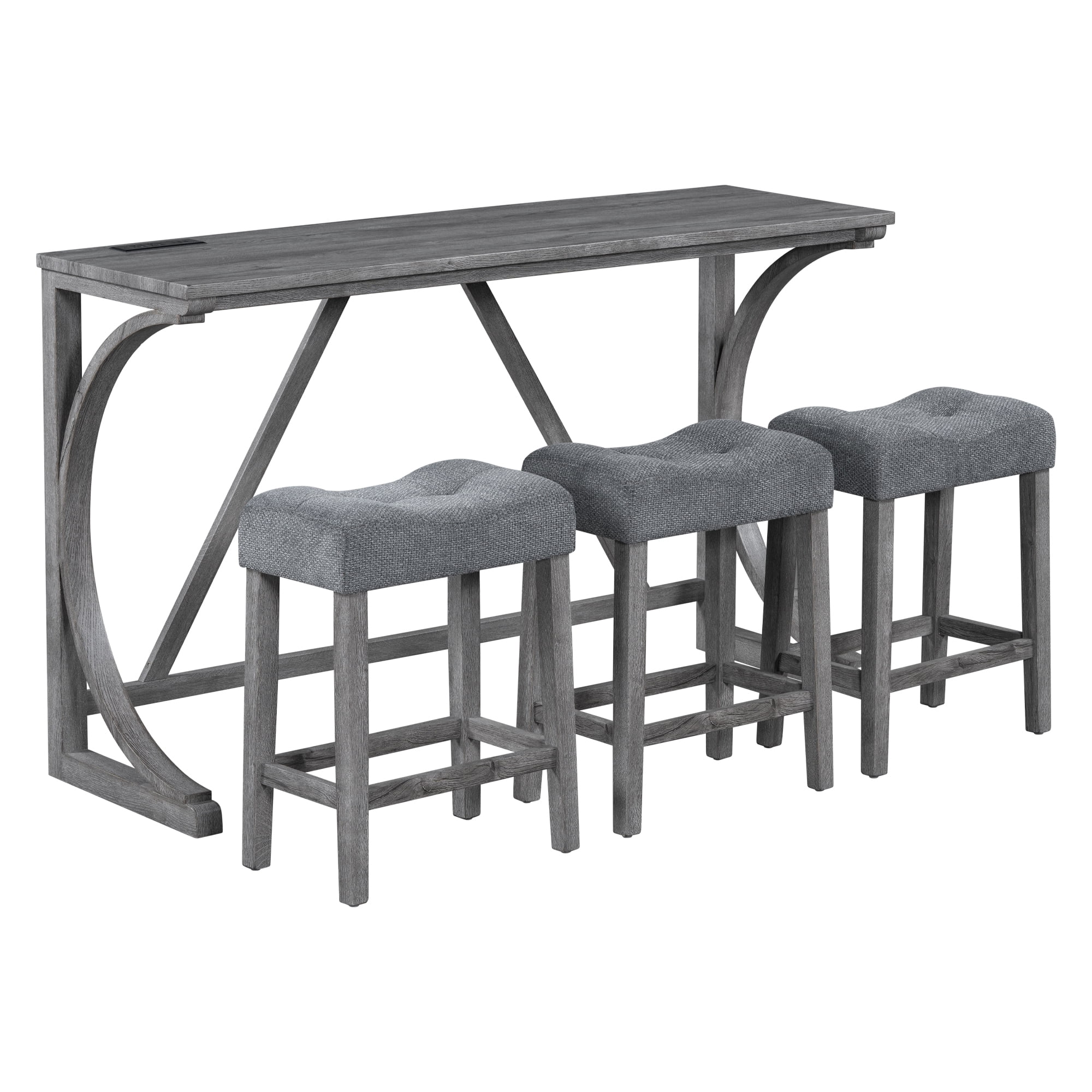 4 Piece Bar Table Set with Power Outlet,Industrial Style Dining Table Set for 3,Breakfast Table and Chairs Set for Living Room,Dining Room, Game Room,Gray