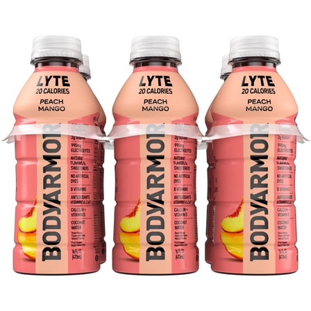 BODYARMOR Lyte Peach Mango Electrolyte Sports Drink, 16 fl oz, 6 Pack Bottles