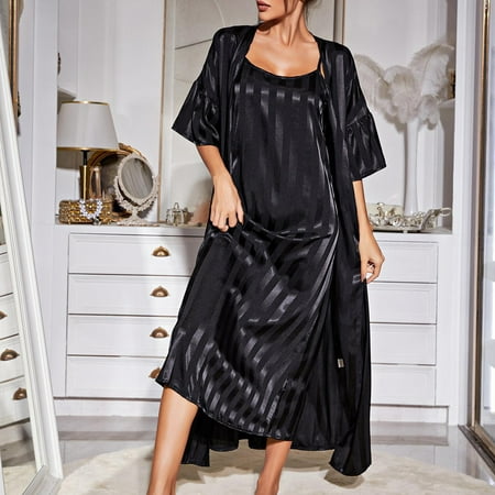 

DroolingDog Women s Bathrobe Simulation Silk Comfy Long Sexy Loungewear Set Pajamas