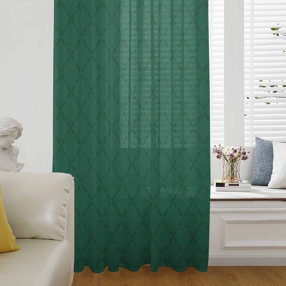 Dark Green Plaid Sheer Curtains 63 Inches Long for Living Room/Bedroom, Country Vintage Abstract Striped Lattice Rod Pocket Voile Kitchen Curtains & Drapes Window Treatment 1 Panel, 52"W x 63"L