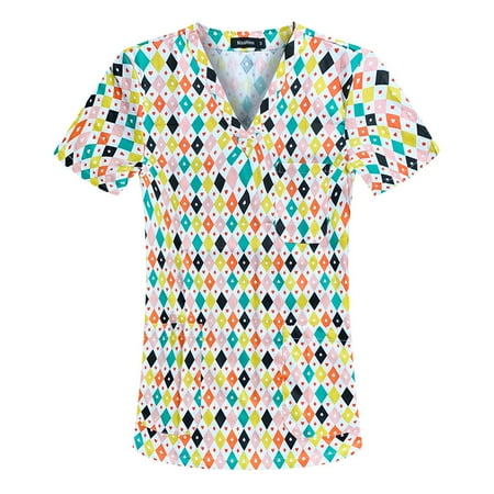 

Women Scrubs Tops Short Sleeve V Neck Cartoon Printed Top Nursed Working T Shirts Blouse With Pockets Nurse Workwear