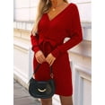 thumbnail image 5 of Women'S Long Sleeve Bodycon Sweater Dress V Neck Cable Knit Slit Midi Dresses with Belt Wine Red L, 5 of 10