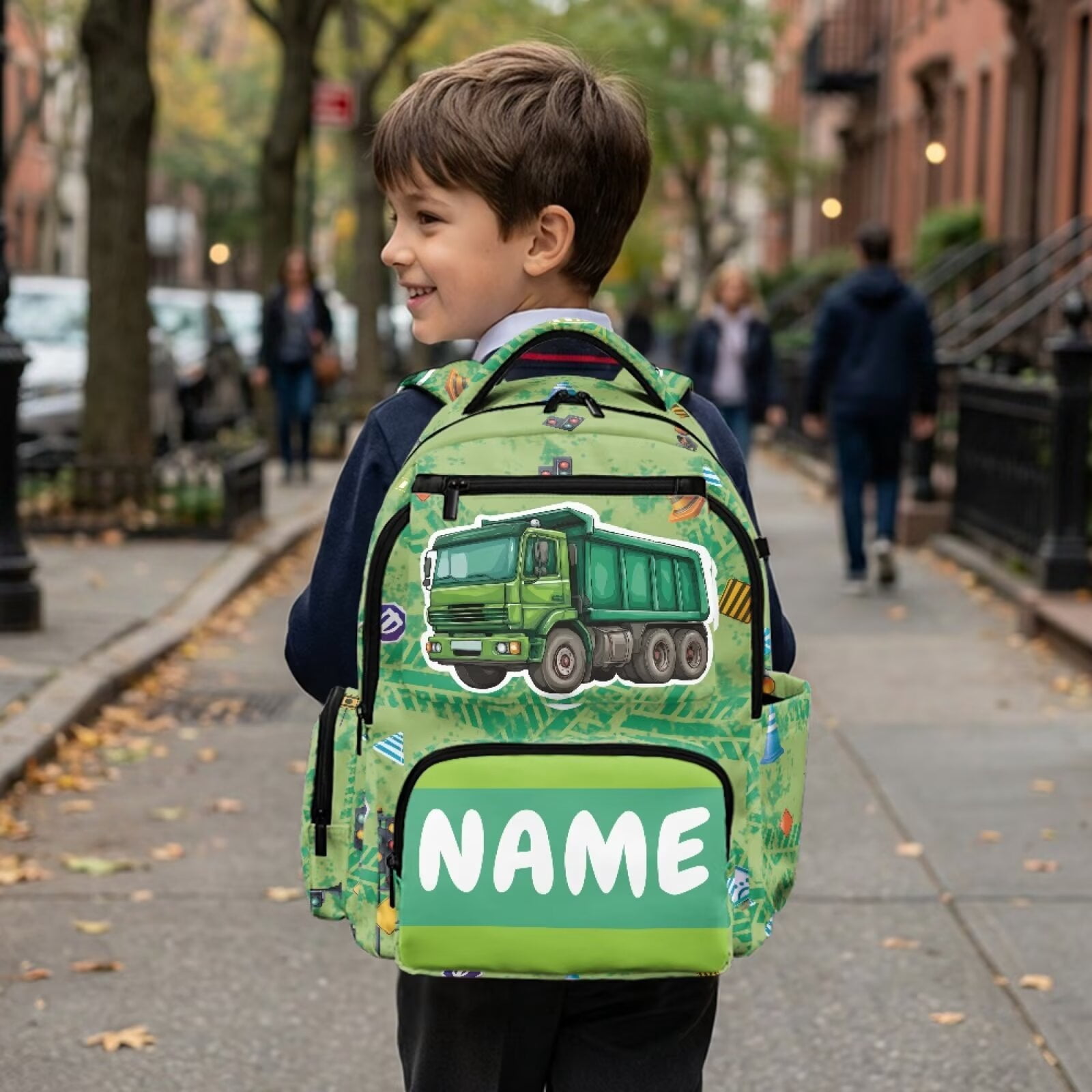 Chririnla Car-Green Print Kids School Bag Teen Boys Custom Name Print Backpacks Laptop Bags Front Pocket School Backpack Padded Straps Front Zipper Pocket