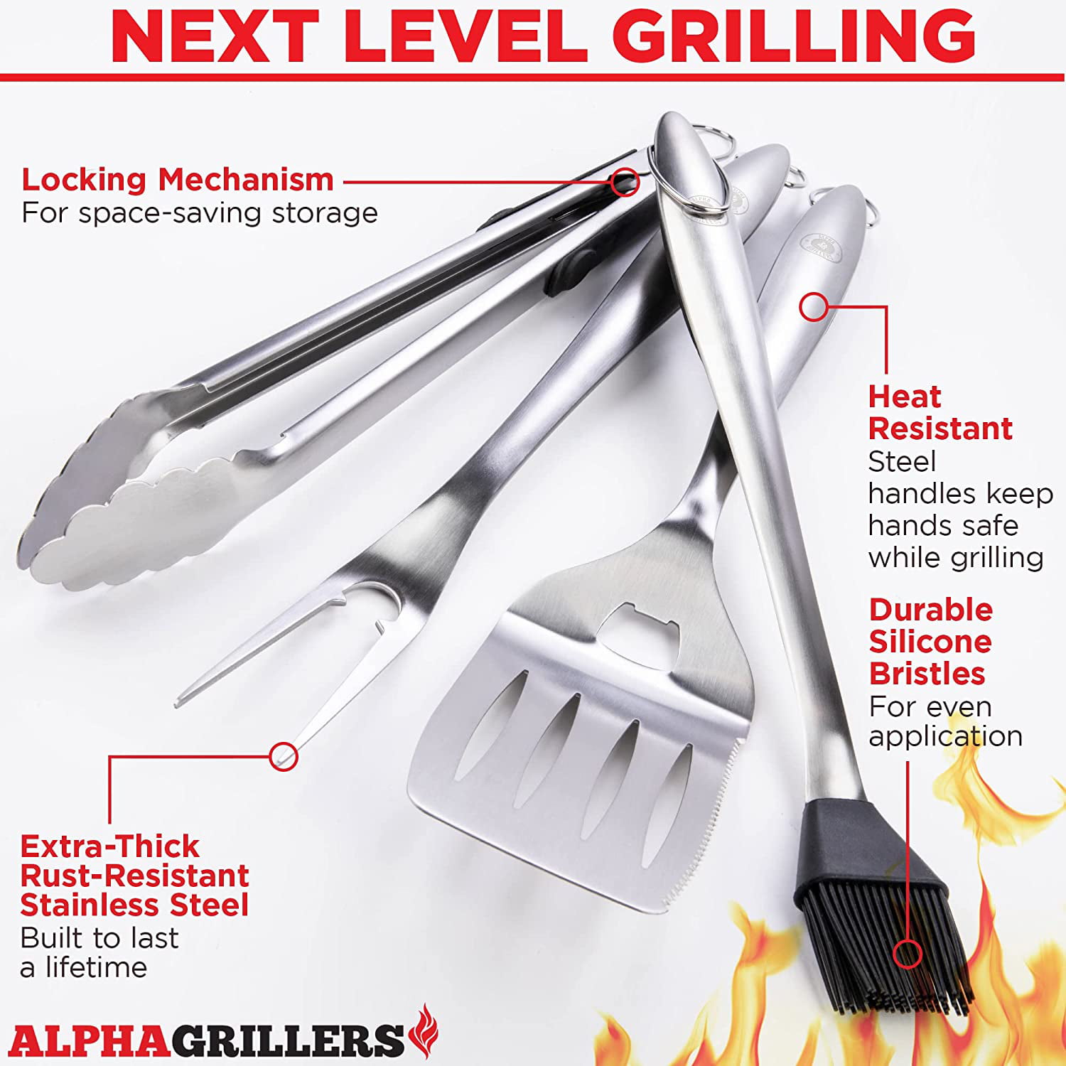 Alpha Grillers Grill Set Heavy Duty BBQ Accessories - BBQ Gifts Tool Set  4pc Grill Accessories with Spatula, Fork, Brush & BBQ Tongs - Grilling  Cooking Gifts for Men Dad Durable, Stainless Steel Grill Tool Set 