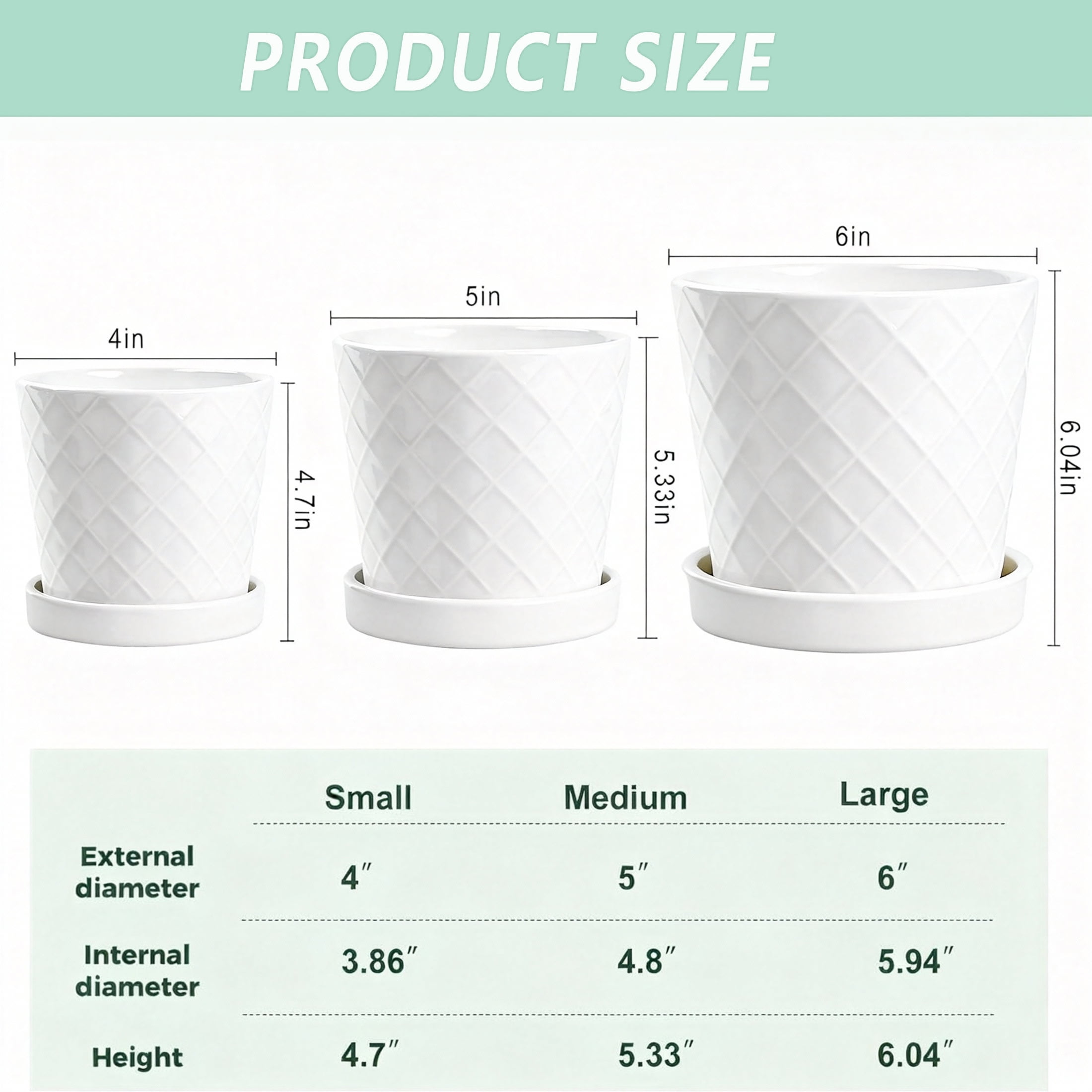 BUYMAX 4",5",6" Dia Planter Set of 3, Modern Style Ceramic Plant Pots with Drainage Hole and Tray for Indoor Outdoor Patio, Crisp Bright White