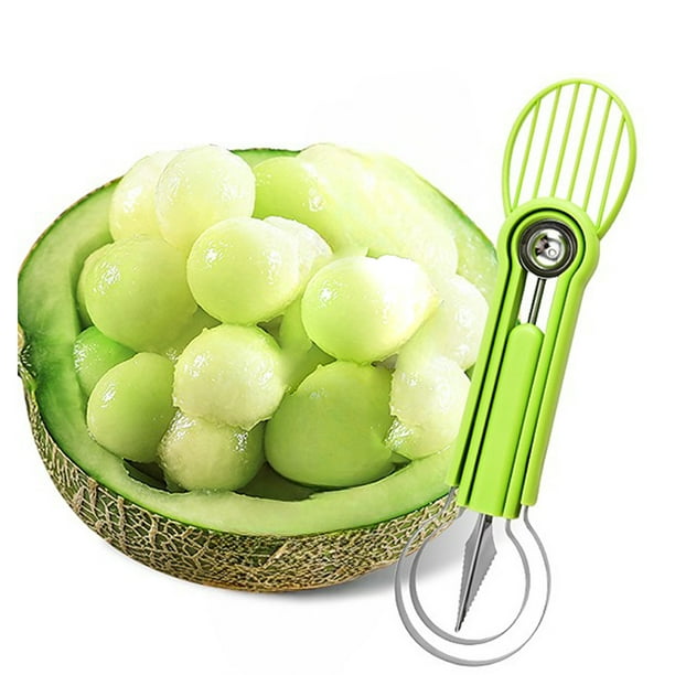 Juego de herramientas 5 en 1 para tallar frutas de acero inoxidable con sacabolas y rebanador de melón | Utensilios de cocina apilables para sandía, melón y ensalada de frutas | Mango de plástico
