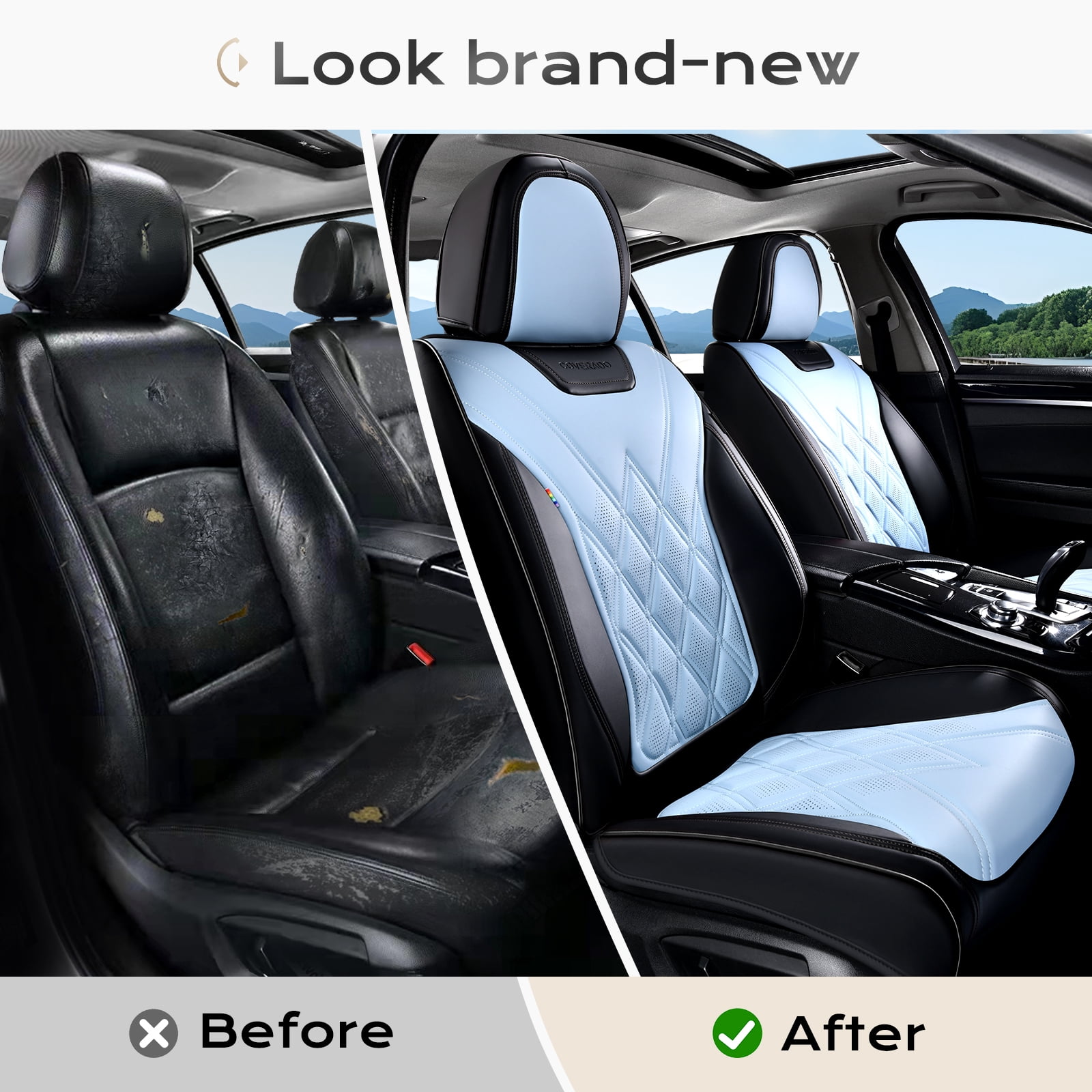 Coverado Full Set Covers For Cars, Waterproof Faux Leather Front and Rear Seat Protectors, Auto Cushions Universal Fit for Most Cars, Black&Blue