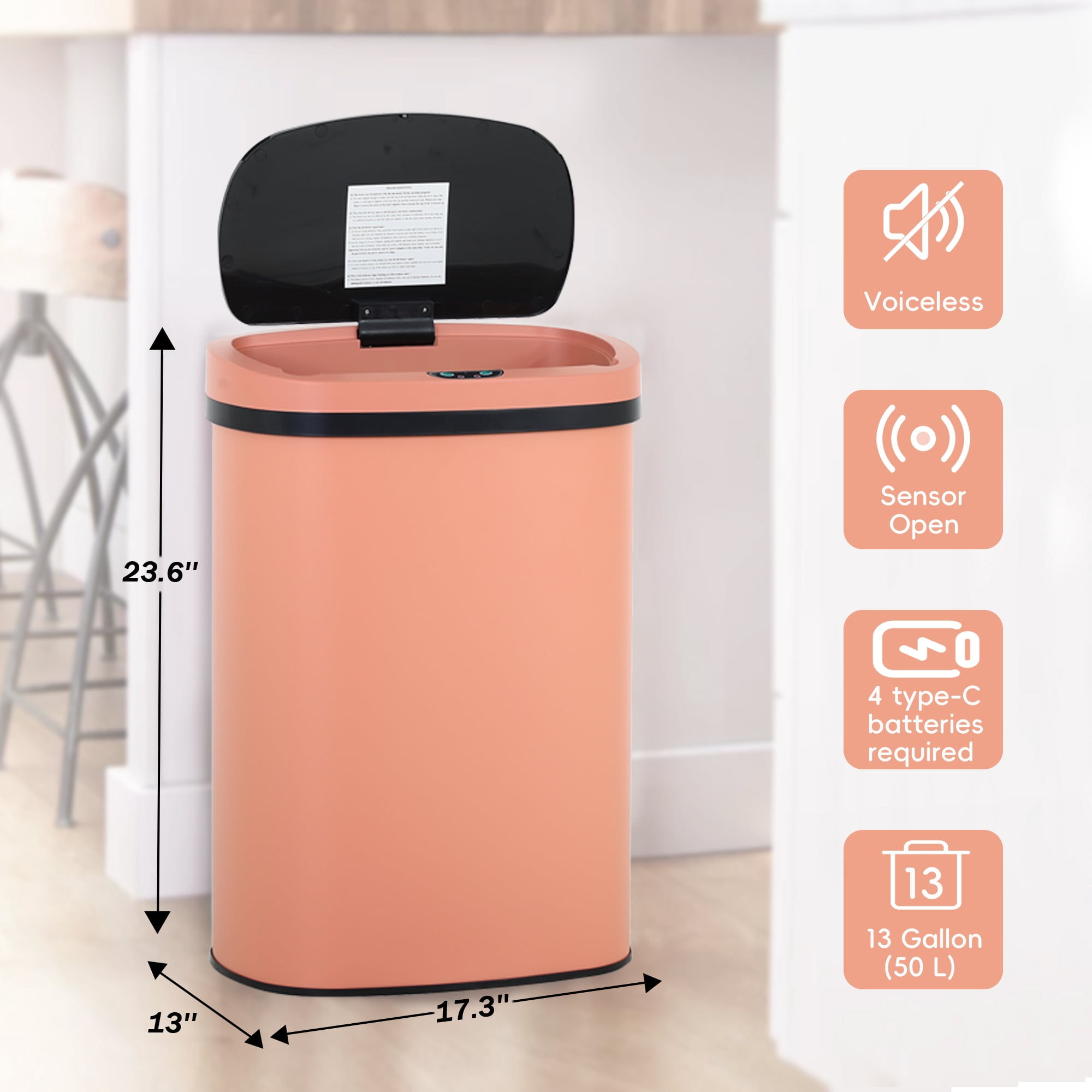 CL.HPAHKL 13 Gallon Kitchen Trash Can, Touchless Motion Sensor Trash Can 50 Liter High-Capacity Automatic Trash Cans Stainless Steel Garbage Can with Lid for Home Bathroom Bedroom Office, Pink