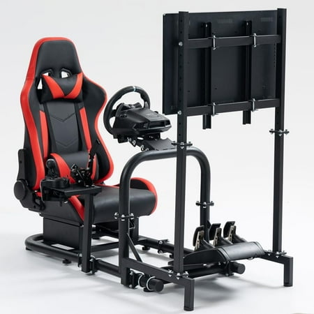 Supllueer Racing Simulator Cockpit with Monitor Stand & Seat for Fanatec G25 G27, Red TV Cockpit-55
