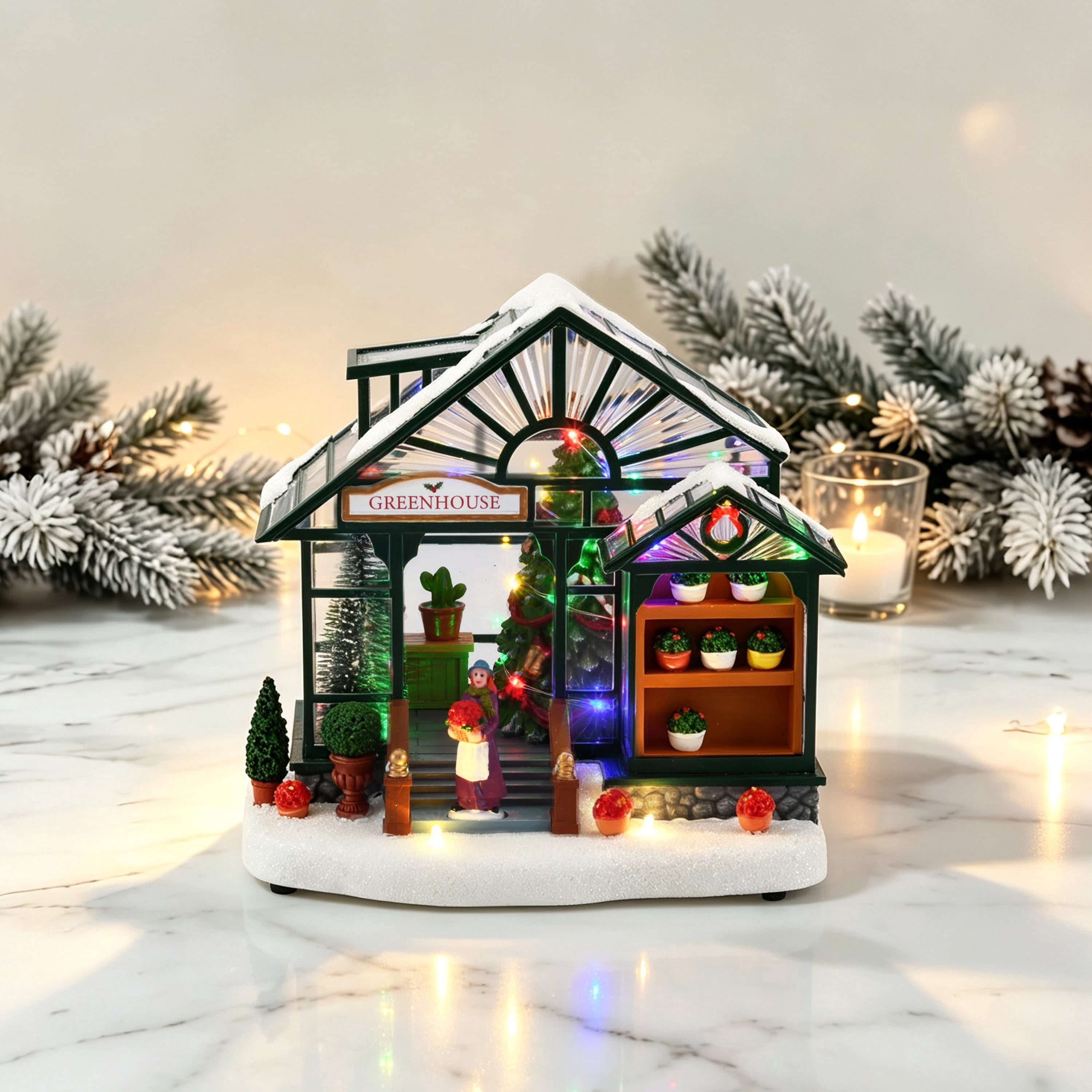 Light-Up and Musical Greenhouse Christmas Village Building, Multicolor, 7.5", by Holiday Time