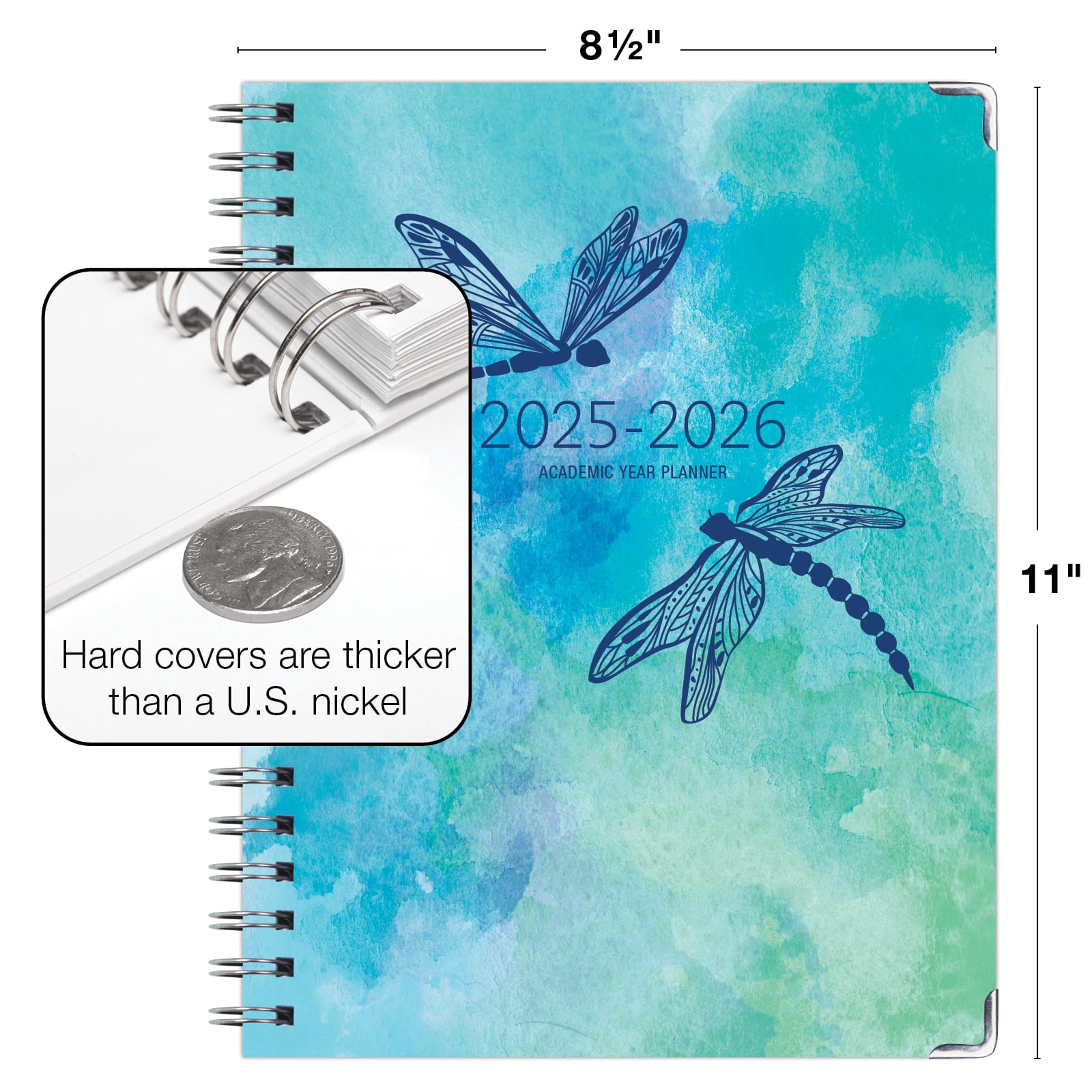 Academic Year 2025-2026 Planner, June 2025 - July 2026, 8.5"x11" Daily Weekly Monthly Planner Yearly Agenda, Hardcover, Bookmark, Pocket Folder and Sticky Note Set (Dragonflies)