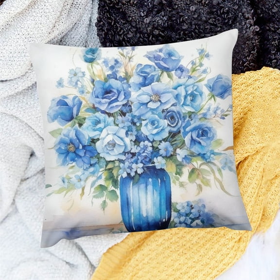 Pratyus Square Cushion Cover Blue Flowers Decor for Home Sofa Couch, Set of 1 Pillow Case 18x18in