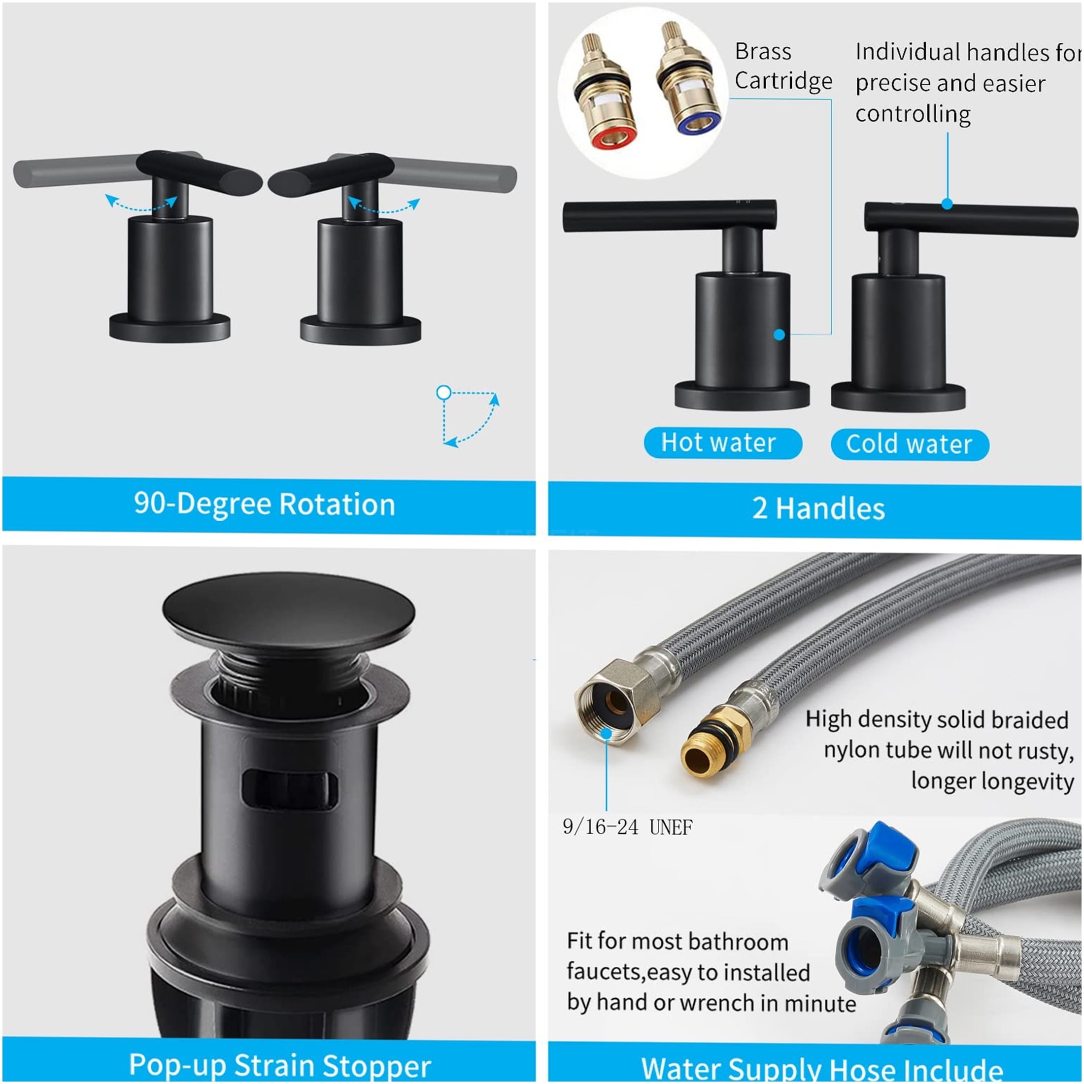 JERFIT 8-inch Widespread Bathroom Faucet Matte Black, 2-Handle Modern Waterfall Vanity Sink Faucet with Pop-Up Drain & Lead-Free Hoses