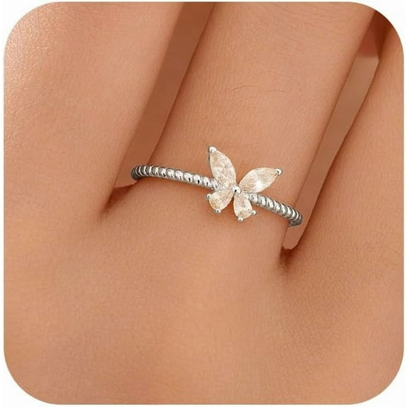 CZ Butterfly Ring for Women 925 Sterling Silver Cool Cute Simple Promise Rings 14K Gold Plated Dainty Trendy Stackable Minimalist Wedding Band Ring to Daughter Mom Christmas Wedding Ideal Gift