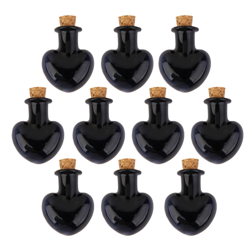 10Pcs Small Mini Heart Shape Cork Glass Bottles Vials Jars DIY Pendant Black 