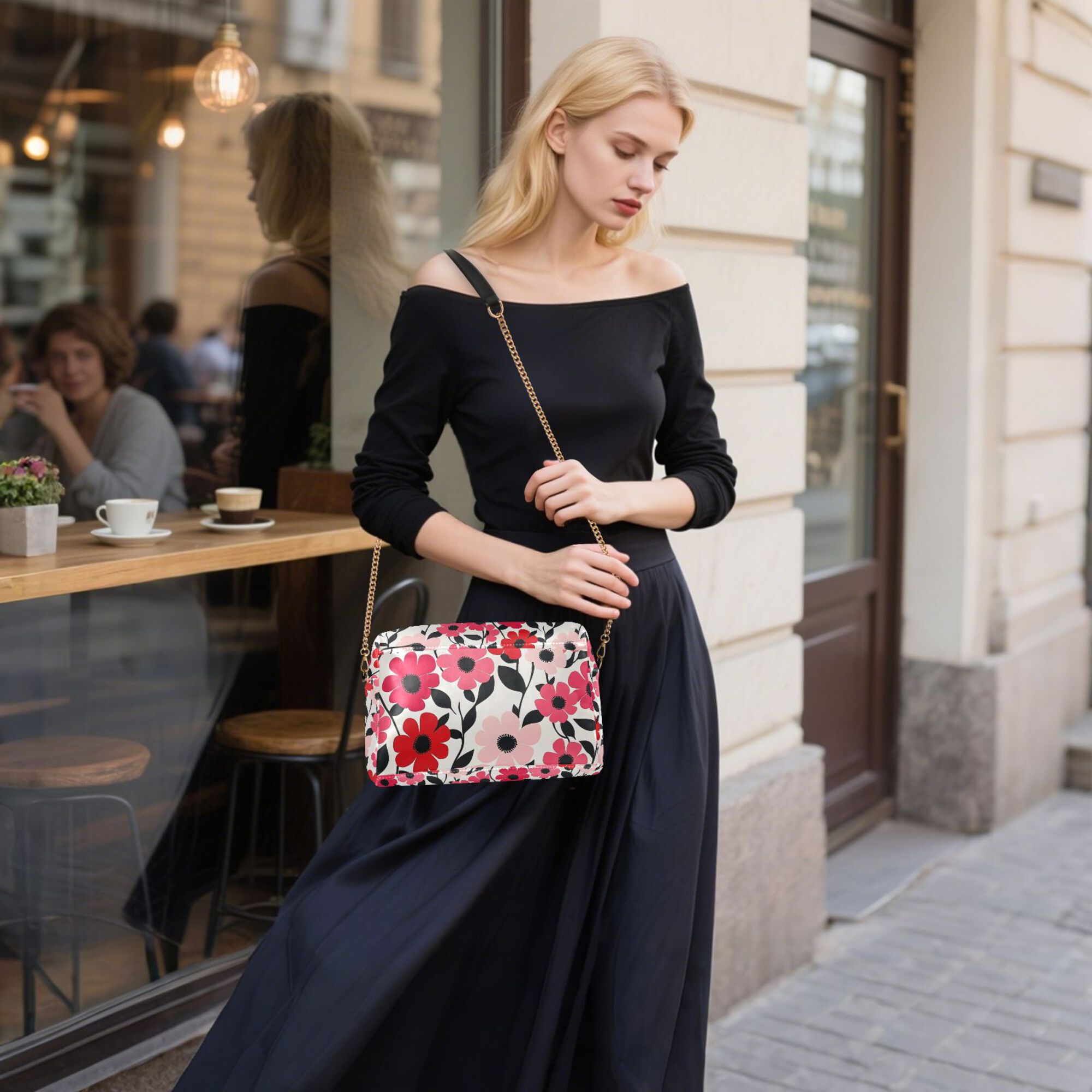 FORMRS Women Crossbody Purse with Chain Strap Vegan Leather Shoulder Handbag, Pink and Red Flowers