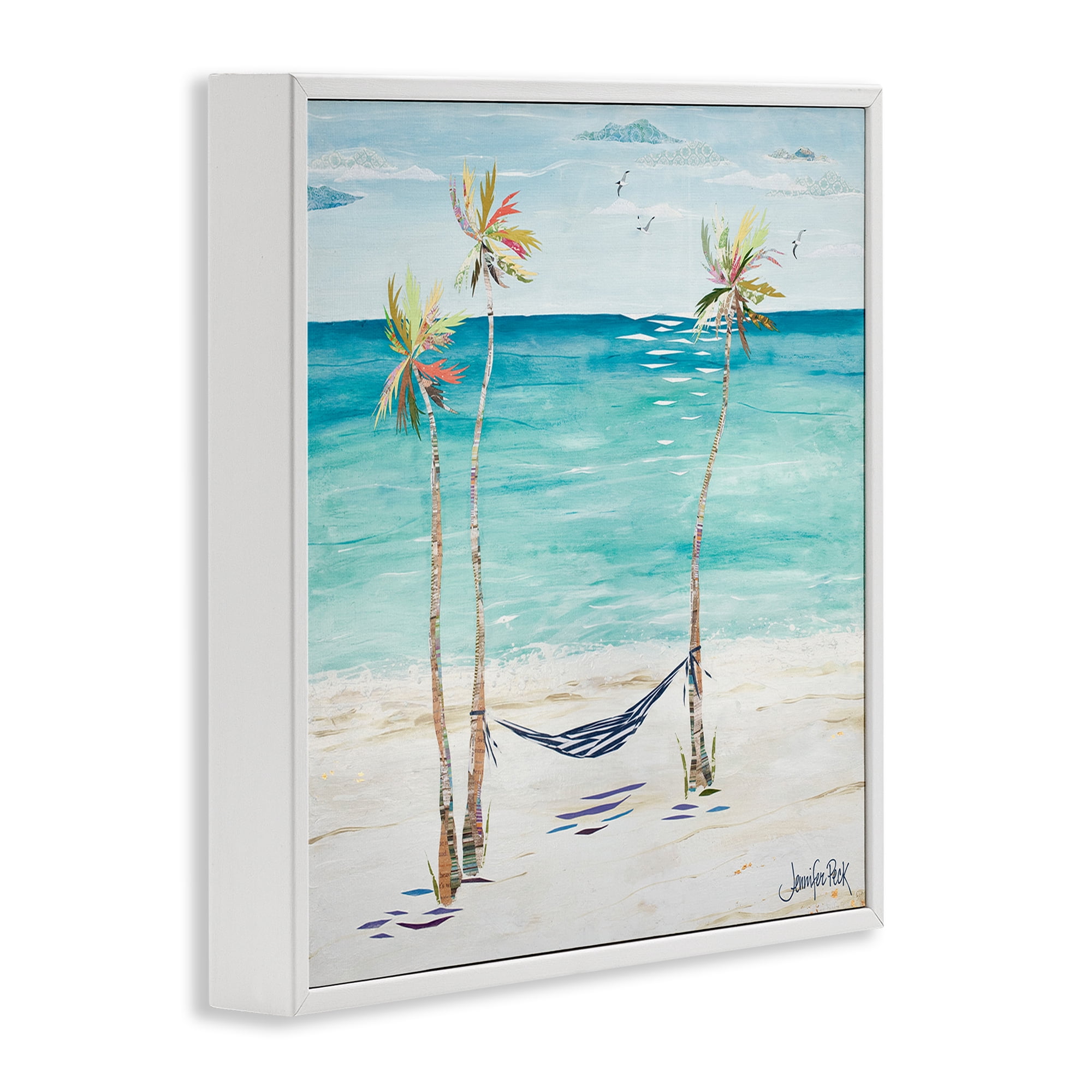 Stupell Industries Hammock & Three Palms Coastal Painting White Framed Art Print Wall Art, 12 x 12