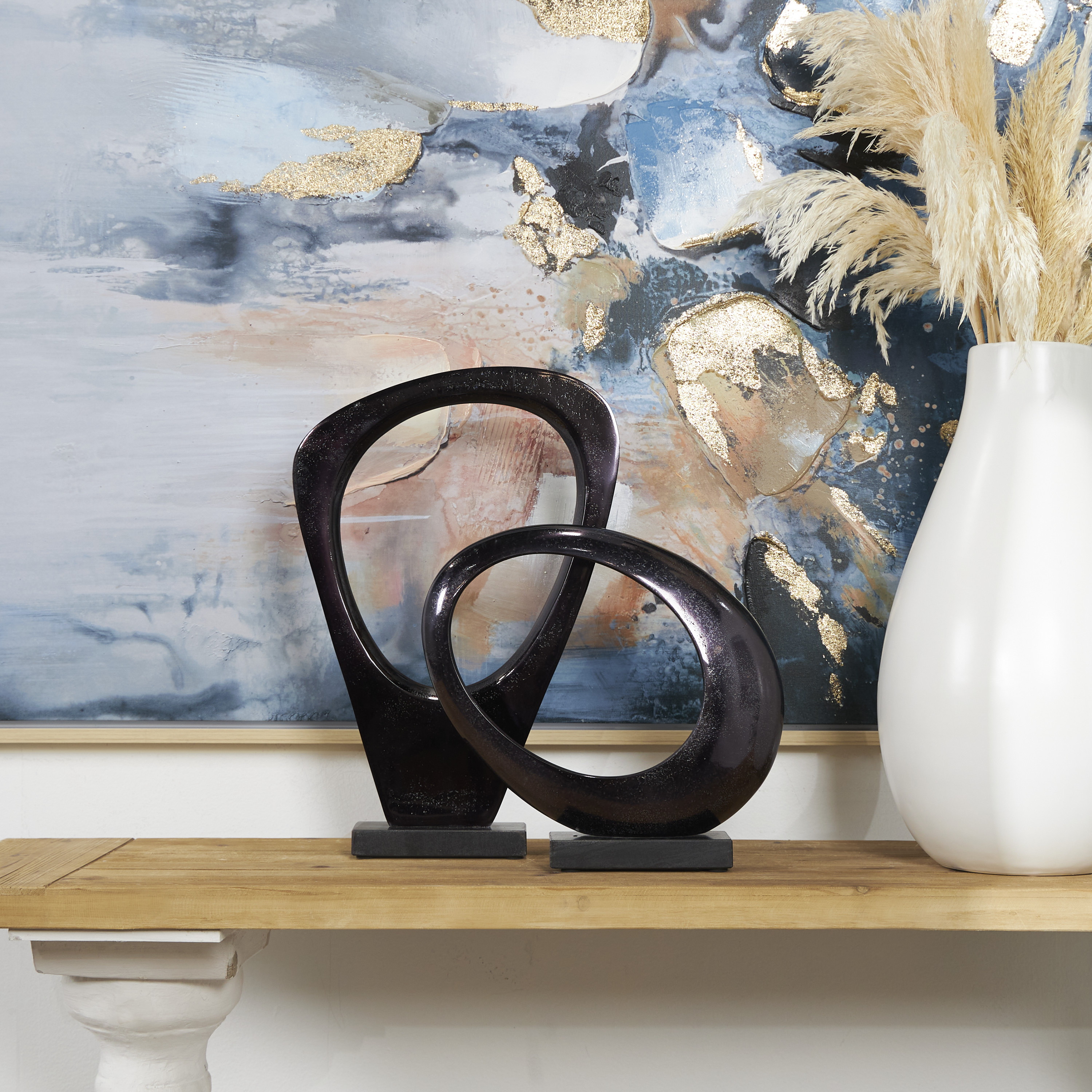 20", 13"H Dark Gray Aluminum Abstract Sculpture with Marble Base, by DecMode (2 Count)