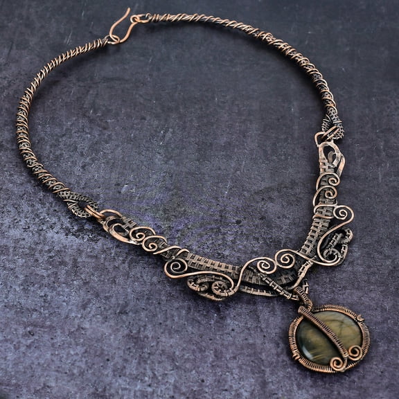 Natural Labradorite Gemstone Handmade Copper Wire Wrap Jewelry Necklace 18"