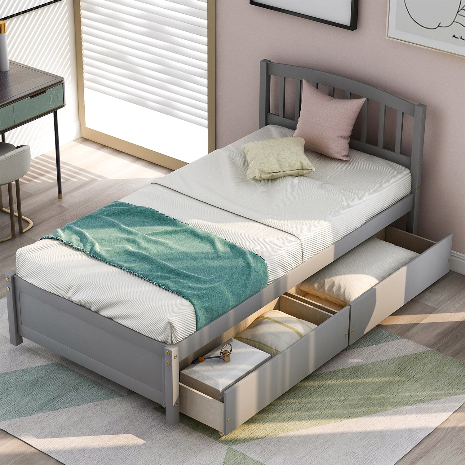 Kadyn Wooden Twin Platform Bed Frame, Storage Bed Platform Bed Frame with Two Drawers and Headboard, Modern Twin Size Bed Frame for Kids Adults, Gray Kadyn Wooden Twin Platform Bed Frame, Storage Bed Platform Bed Frame with Two Drawers and Headboard, Modern Twin Size Bed Frame for Kids Adults, Gray