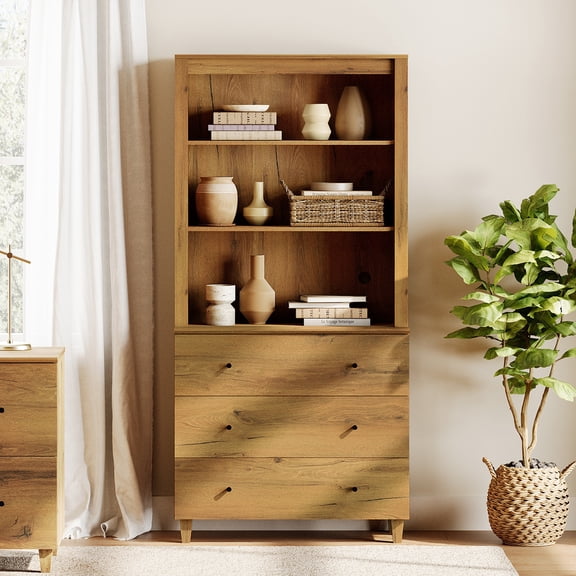 WAMPAT Modern 71 Inches Tall Bookcase with 3 Drawers, 3-Tier,Oak Brown